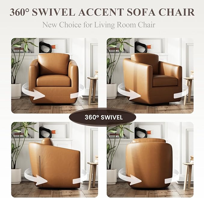 360° Swivel Accent Chair Set of 2 with Pillow - Comfy Living Room Armchair No-Sag Foam & Sturdy Metal Base, Fully Assembled Swivel Accent Single Sofa for Bedroom Living Room, Office, Brown