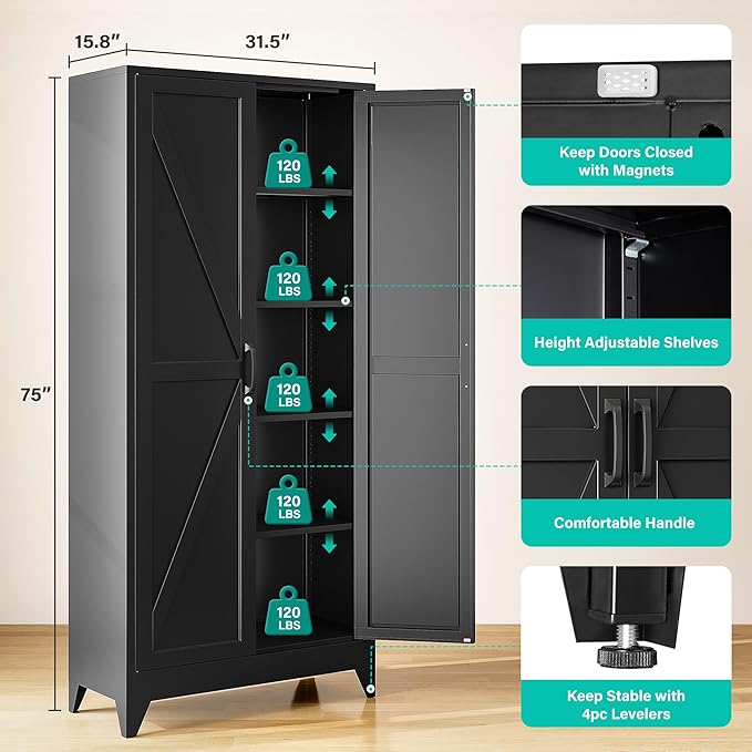 SISESOL 75" Tall Pantry Cabinet,Farmhouse Kitchen Pantry Storage Cabinets with 2 Doors and 4 Shelves,Black Metal Storage Cabinet,Large Cupboard for Home,Kitchen,Dining/Living Room
