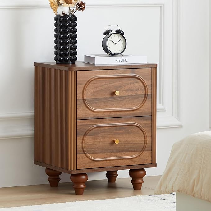 ORRD 2 Drawer Fluted Mini Small Dresser for Bedroom Set of 2, Mid Century Modern Nightstand Bedside End Table, Wood Storage Dresser Organizer for Bedroom Living Room, Walnut