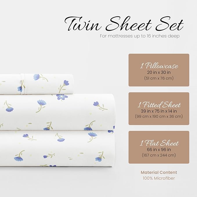 Linen Market Double-Brushed Patterned Microfiber Twin Sheet Set 3 Piece – Oeko-TEX Certified Ultra Soft & Wrinkle-Free - 16" Deep Pocket Sheets - Easy Care Twin Size - Soft Floral Light Blue