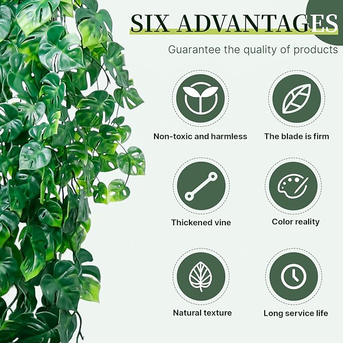 Artificial Hanging Plants for Shelf, 2-Pack Fake Potted Greenery Faux Monstera Leaves Vines in Black Pot, Décor for Office Living Room Bathroom Indoor Outdoor