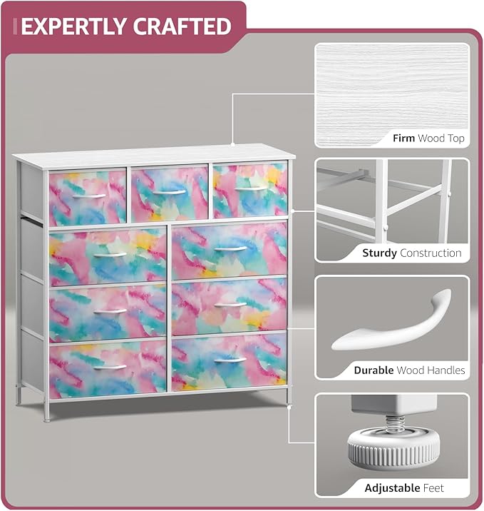 Sorbus Dresser with 9 Drawers - Furniture Storage Chest for Kid’s, Teens, Bedroom, Nursery, Playroom, Clothes, Toys - Steel Frame, Wood Top, Fabric Bins (Tie-dye)