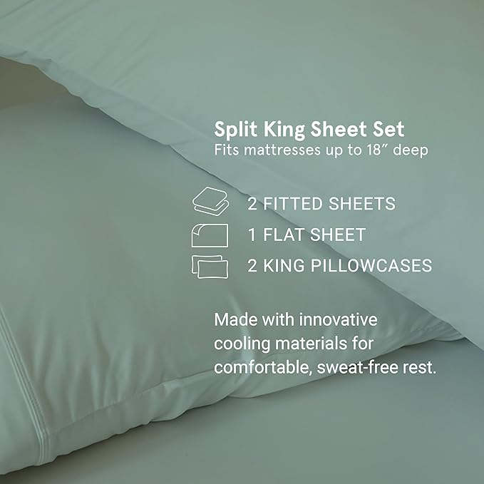 SHEEX - Original Performance Sheets Set (Split King) Bright White - Cooling Sheets - Moisture Wicking - 1 Flat Cooling Sheet, 1 Fitted Cooling Sheet, 2 King Pillow Covers - Wrinkle Free - Sleep Aid