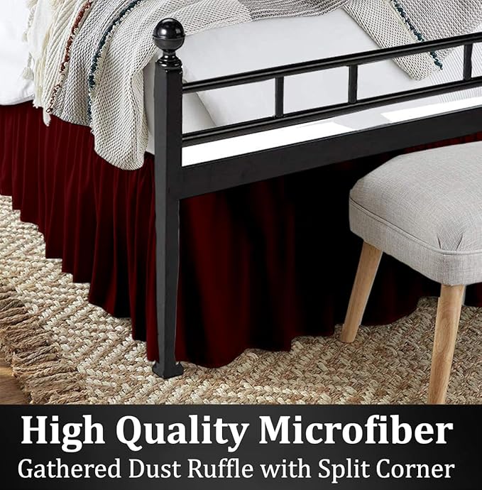 Ruffled Bed Skirt with Split Corners, Burgundy, King 12 Inch Drop Bedskirt, Hotel Quality Brushed Microfiber Wrinkle Free Dust Ruffle Bed Skirt King Size