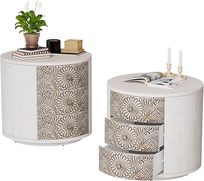 COSIEST Bedside Table Set of 2, Wood Nightstand 3 Drawers, Farmhouse Round End Table with 3 Drawers, Dresser with Drawers for Bedroom, Living Room