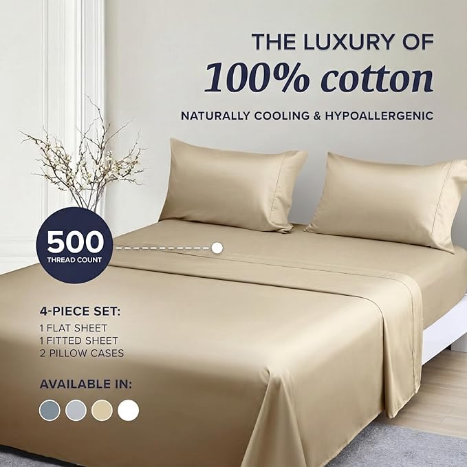 Beckham Hotel Collection King Sheet Set 100% Cotton, 500TC Luxury Sateen Bedding, 16” Deep Pocket, Moisture-Wicking, 4-Piece, Sand