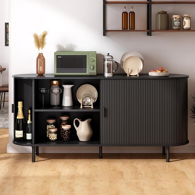 ONBRILL 63" Sideboard Buffet Cabinet with Storage, Storage Cabinet with Sliding Door & Adjustable Shelf, Modern Accent Coffee Bar Console Table for Kitchen, Entryway, Black