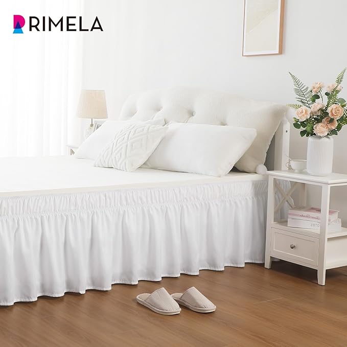 RIMELA White Bed Skirt King Size 18 Inch Drop, Elastic Bed Skirting for Bed Base and Frame, Bedding Dust Ruffle Easy to Install, Lightweight Wrap Around Adjustable Bedskirt