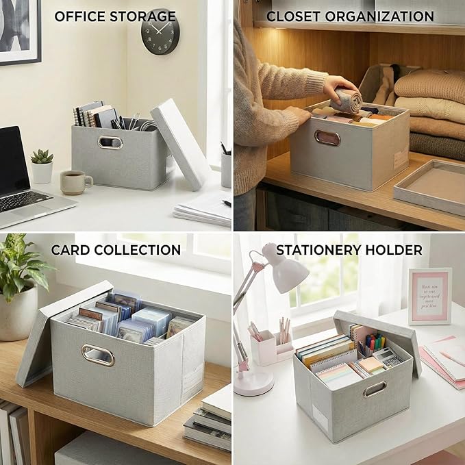 PRANDOM Storage Boxes with Lids [3-Pack] Linen Fabric Foldable Storage Bins Organizer Containers Baskets Cube with Cover for Closet Office Nursery Beige（11.4X8.6X6.7