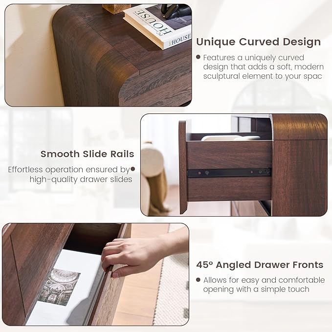 9 Drawer Double Dresser for Bedroom, Modern Curved Wood Chest Drawers of Handleless, Large Storage Dresser Bedroom, Living Room, Entryway, Walnut