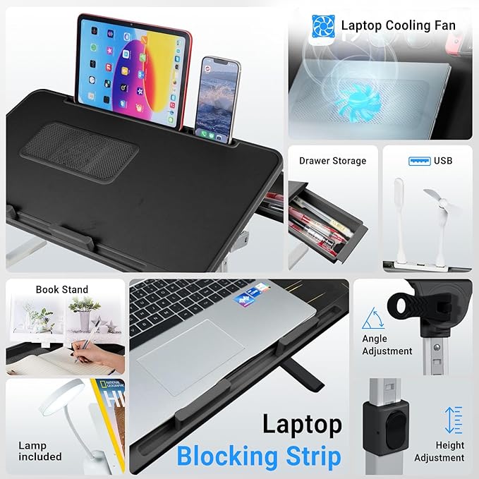 Laptop Lap Desk with Cooling Fan - Adjustable with Light, USB, Storage Drawer - Folding Bed Desk,23.62"*15.74",Black