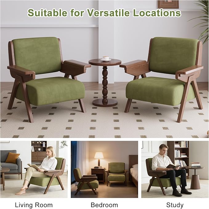 Accent Chair Mid Century Modern Chair, Velvet Upholstered Lounge Arm Chair with Solid Wood, Cozy Reading Chair for Living Room, Bedroom, Balcony (Green)
