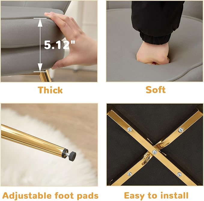 Velvet Vanity Chair with Back, Mid-Century Modern Small Accent Chair for Living Room, Golden Metal Legs Upholstered Makeup Chair, 1Pcs Bedroom Armchair, Grey
