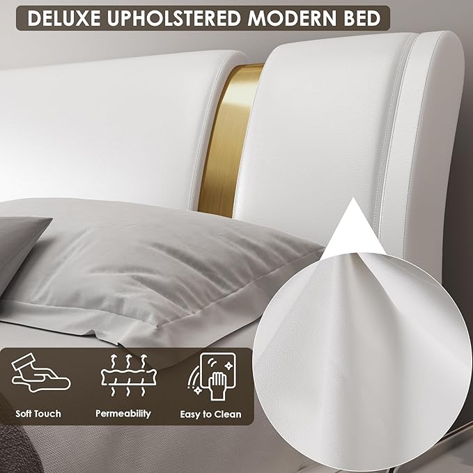 TTVIEW Modern Faux Leather Upholstered Platform Bed Frame with Golden Iron Metal Decor, Adjustable Curved Headboard, Wooden Slats Support, No Box Spring Needed, Queen Size, White