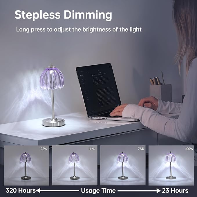 Tulip Table Lamp with 5200mAh Battery & Touch Control, Cordless Small Table Lamp with 3 Colors, Dimmable Rechargeable Table Lamps for Living Room, Bedroom, Desk, Bedside (Clear Purple Tulip)