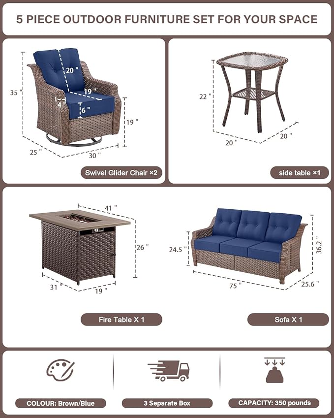 Belord Wicker Patio Furniture Set with 41” Fire Pit Table - Swivel Rocker Glider Outdoor Chairs with Sofa and Glass Top Side Table, All-Weather Removable 6" Blue Seat Cushion for Warm Patio Evenings