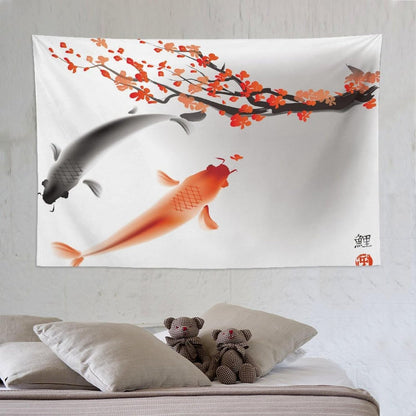 Houselerax Japanese Koi Fish Tapestry, Cherry Blossoms Asian Oriental Flower Branch Koi Fish Carp Tapestries Wall Hanging for Bedroom Living Room Office Decor 90"x60"