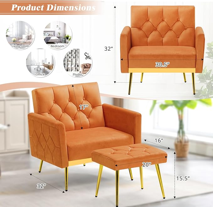 Velvet Accent Chair w/Adjustable Armrests and Backrests, Tufted Single Sofa with Ottoman, Upholstered Reading Chiar for Living Room, Apartment, Bedroom, Orange