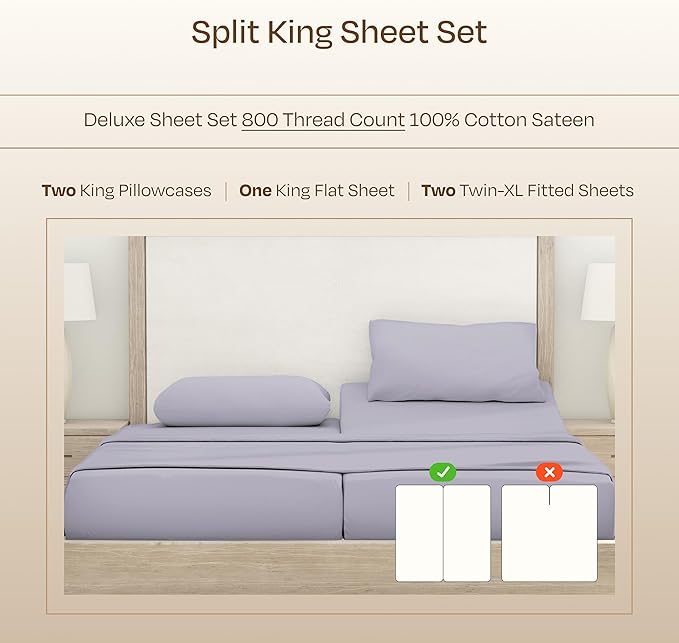 California Design Den 100% Cotton Sateen Split King Sheet Set - Luxury 800 Thread Count Bedding Set with Deep Pockets - Lavender