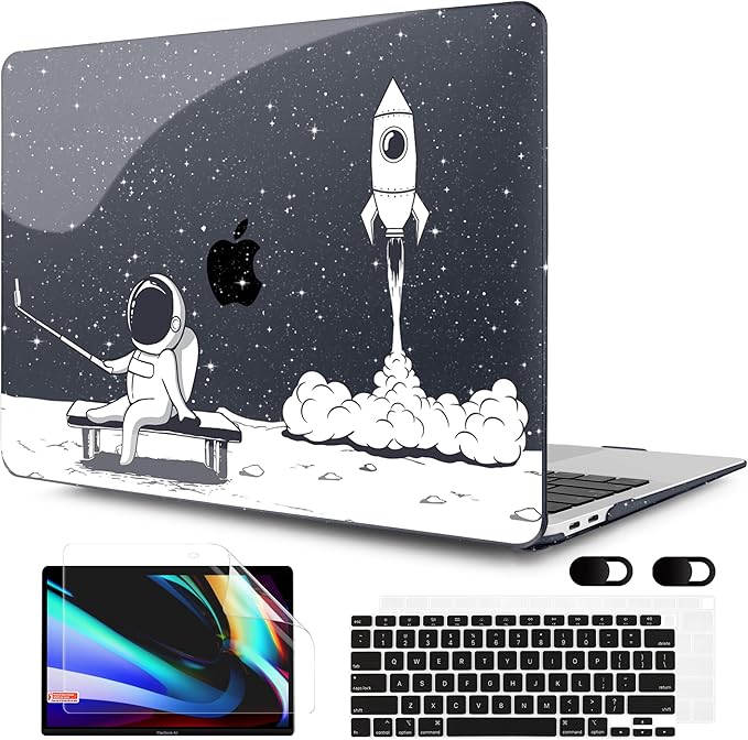 MEEgoodo MacBook Air Case 13.3 Inch - Hard Shell with Keyboard Cover & Touch ID - Astronaut Rocket Glitter