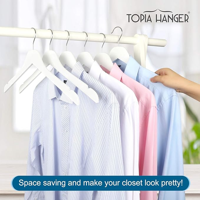TOPIA HANGER White Wooden Hangers 30 Pack, 0.28 inch Slim Wood Clothes Hanger with Flat Design and Smooth Notches, Lightweight & Durable Space Saving Hangers for Shirt, Coat, Camisole-CT31W