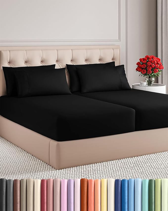 Split King 7 Piece Sheet Set - Cooling & Breathable - Hotel Luxury Bedding - Includes Fitted Sheets for Women, Men, Kids and Teens - 1 Flat, 2 Fitted Sheets, 4 Pillowcases with Deep Pockets - Black