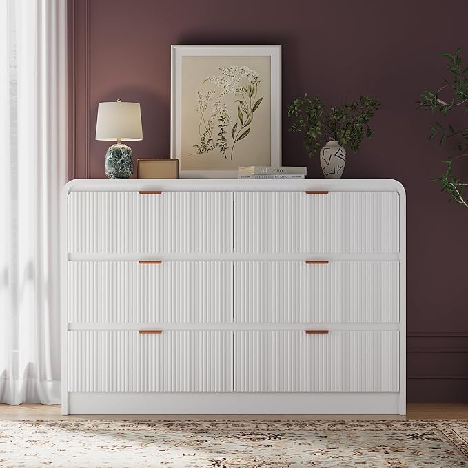 FURSUN Fluted 6 Drawers Dresser for Bedroom, 54" Wide Wooden Dresser with Metal Handle, Curved Profile Design, Modern Storage Organizer for Bedroom, Living Room, Hallway, White