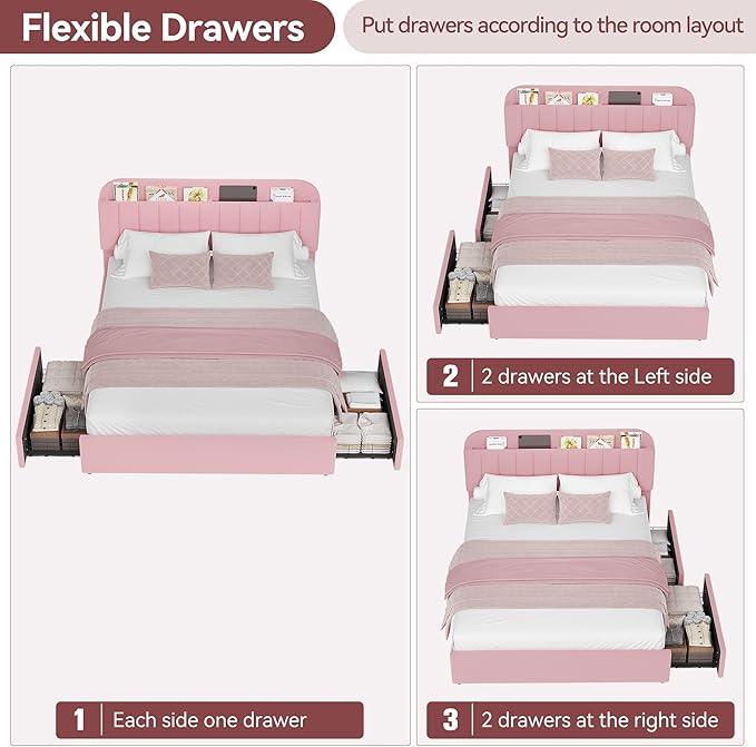 Jojoka Queen Bed Frame with Storage Headboard and 2 Drawers, Boucle Upholstered Platform Bed, Modern Girls Bed Frames for Rooms, No Box Spring Needed, Easy Assembly, Light Pink
