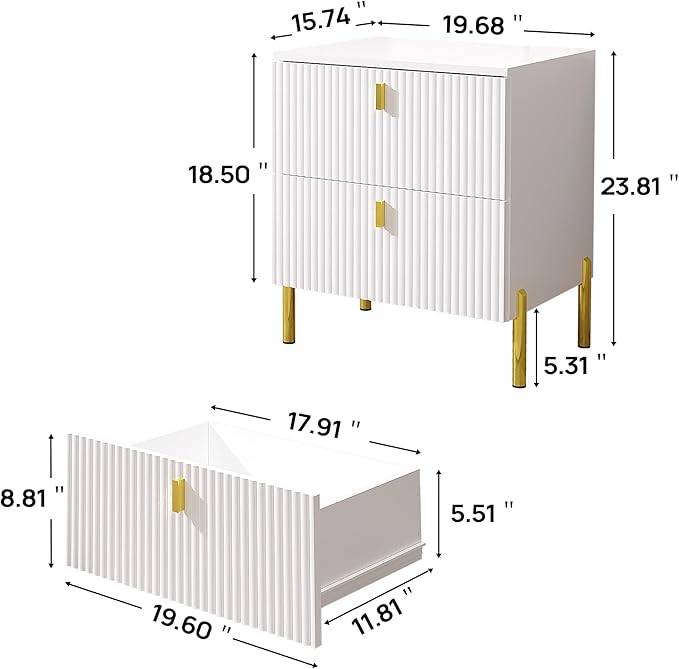 Luxury Fluted Night Stand, Nightstand with 2 Drawers, Modern Bedside Table with Golden Legs and Handles, End Tables for Living Room Bedroom, White