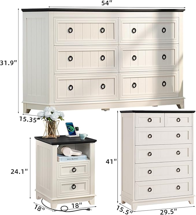 Bedroom Dresser and Nightstand Sets 4 Piece, Farmhouse 6 Drawers Dresser & 40.5" Tall Chest of Drawers,18" Nightstands with Charging Station,54" Wide Furniture Dressers for Bedroom,Living Room