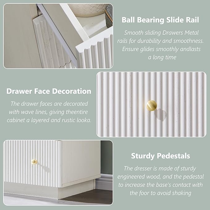Fluted Dresser for Bedroom, 55" W White 8 Drawer Dressers, Wood Tall Dresser Storage Organizer, Modern Bedroom Chest of Drawer with Deep Storage for Closet Hallway, Entryway, Living Room White