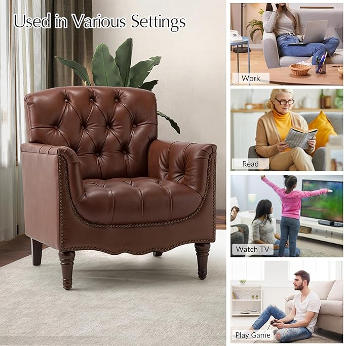 HULALA HOME Mid Century Modern Leather Club Chairs Set of 2, Top-Grain Genuine Leather Armchairs with Button-Tufted Back & Solid Wood Legs, Accent Chairs for Living Room/Bedroom/Home Office, Brown