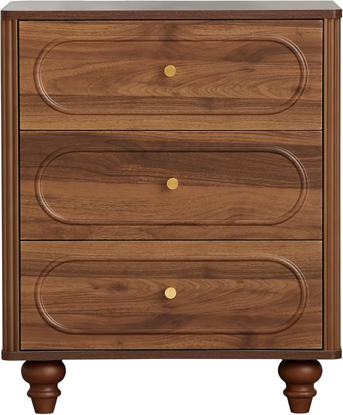 3 Drawer Fluted Dresser for Bedroom Set of 2, Mid Century Modern Chest of Drawers, Wood Storage Small Dresser Organizer for Bedroom Living Room Hallway Closet, Walnut
