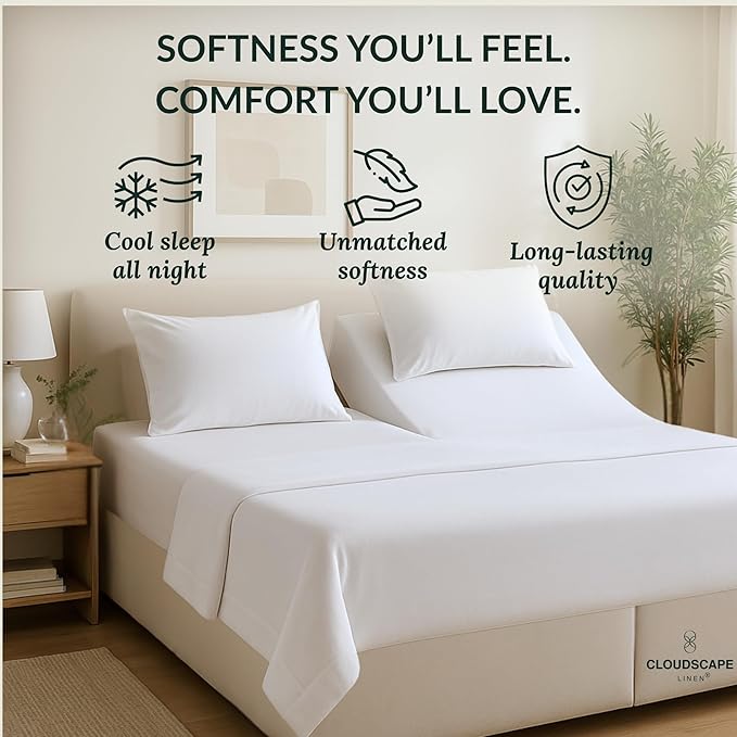 Cloud Scape Linen 100% Egyptian Cotton Split King Sheet Set for Adjustable Bed,400 Thread Count, 5 Pcs Bedding Set, Soft, Breathable and Durable, Deep Pockets up to 17, White