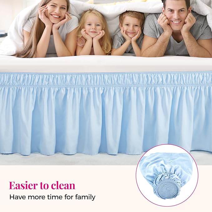 RIMELA Light Blue Bed Skirt Queen Size 15 Inch Drop, Elastic Bed Skirting for Bed Base and Frame, Bedding Dust Ruffle Easy to Install, Lightweight Wrap Around Adjustable Bedskirt