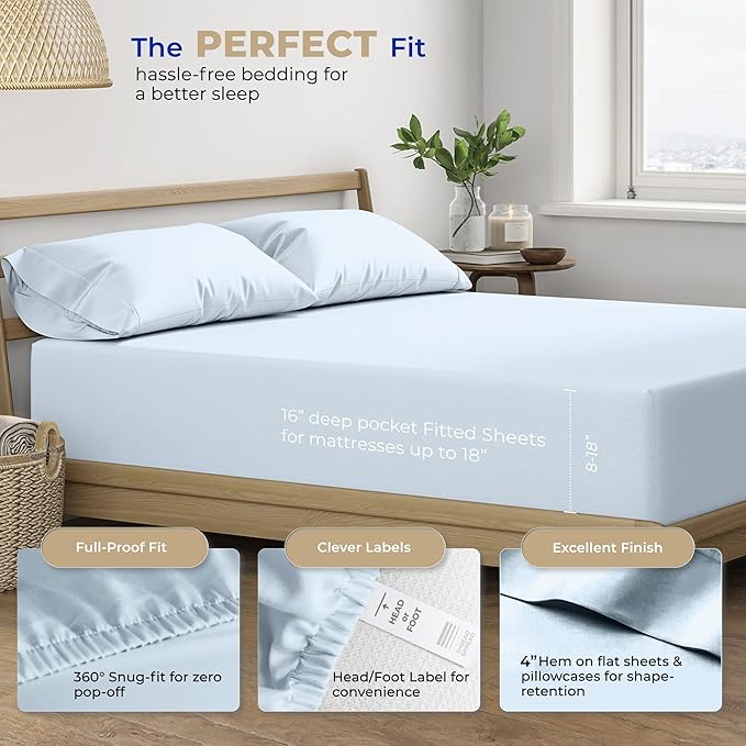 THREAD SPREAD Split King Size Sheets Set Cotton - 400 Thread Count Cotton Split King Sheets 5 PC Set (Light Blue), Ultra Soft, Cooling, Hotel-Quality 16" Deep Pocket Sateen Bedsheet for Hot Sleepers