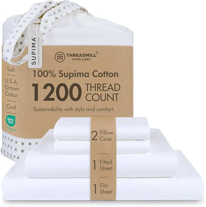 Threadmill Supima Cotton Sheets, 1200 Thread Count 100% Cotton Sheets for Cal King Size Bed, 4 Pc White Cal King Bed Sheets Set, 5-Star Hotel Quality with Elasticized Deep Pocket King