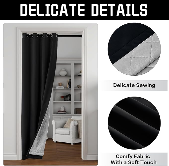 3-in-1 Blackout Curtains Soundproof Noise Reduction Curtains Black Thermal Insulated Drapes for Winter Room Divider Grommet Curtains for Living Room Bedroom (1 Panel, Black, 50" x 108")