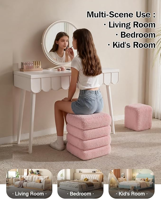 2-Piece Heavy-Duty Nesting Storage Ottoman Set, 440LBS Capacity Square Upholstered Vanity Stool with Lift-Top Storage for Living Room/Bedroom, Space-Saving Seating & Footrest, Pink UASND69P