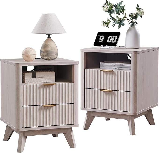 T4TREAM Fluted Nightstand Set of 2 with Charging Station, 18" Modern Side Table with 2 Drawer, End Table w/Storage, Bedside for Bedroom, Living Room, Curved Profile Design, White Alder