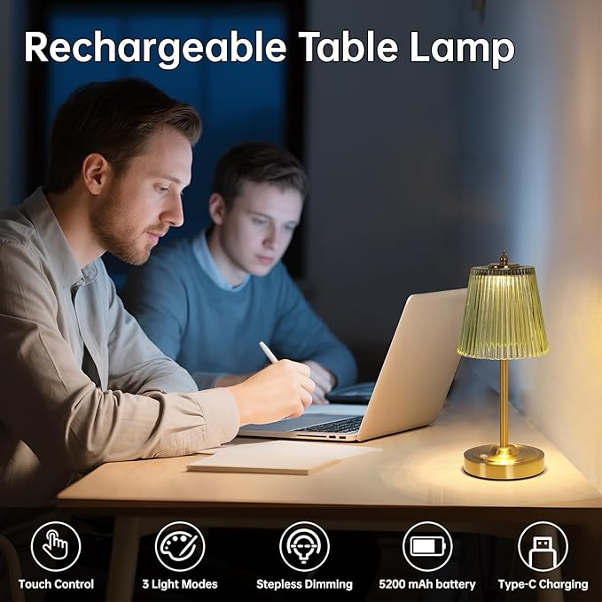 Small Table Lamp with 5200mAh Battery & Touch Control - 3 Adjustable Color Temperatures, Dimmable Rechargeable Table Lamps for Living Room, Bedroom, Bedside (Green Stripe)