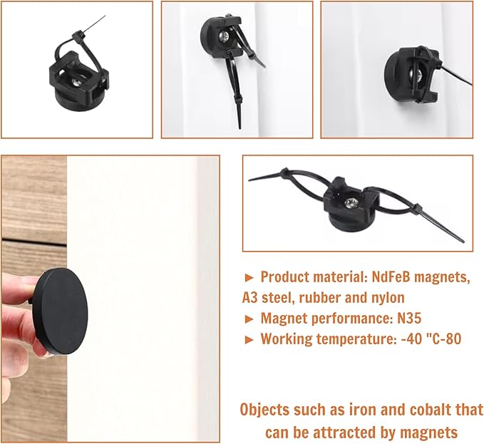 15Pcs (+100 pcs zip ties) Magnetic Cable Clips Zip Tie Mount Base, Cable Ties Holder, Multipurpose Wire Cable Holder for Magnetic Cable Management, Electrical Organization Supplies for Wire (BLACK15)