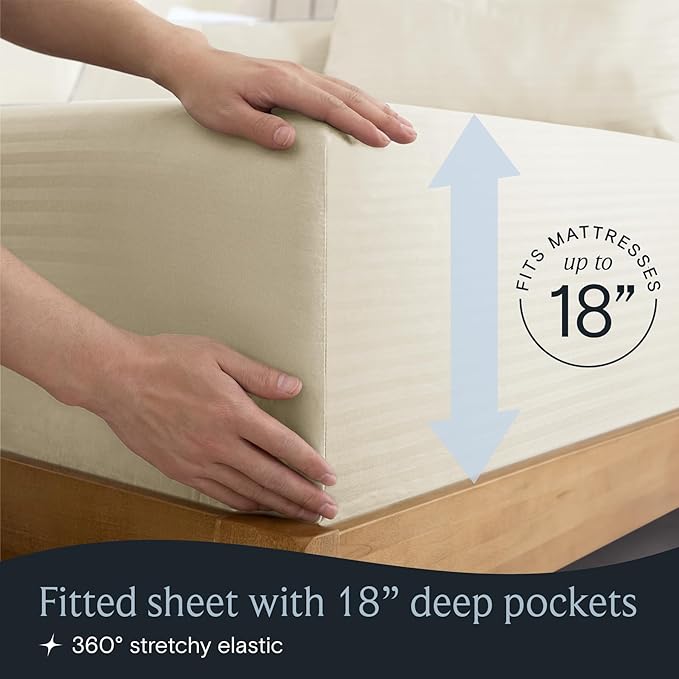 LuxClub 4 PC Queen Sheet Set, Deep Pockets Wrinkle Free Cooling Bed Sheets Hotel Bedding for Women, Men, Includes 1 Fitted Sheet, 1 Flat Sheet and 2 Pillowcases-Striped - Cream