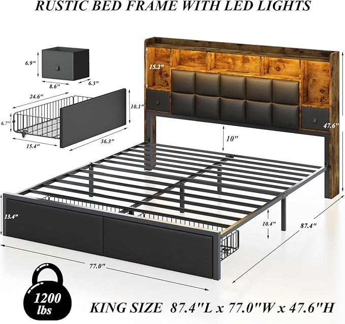 LED Bed Frame King Size with Bookshelf PU Leather Headboard, 2 Hidden Storage Drawers, Upholstered Platform Bed with Charging Station, Metal Slats Support, Noise Free, No Box Spring Needed