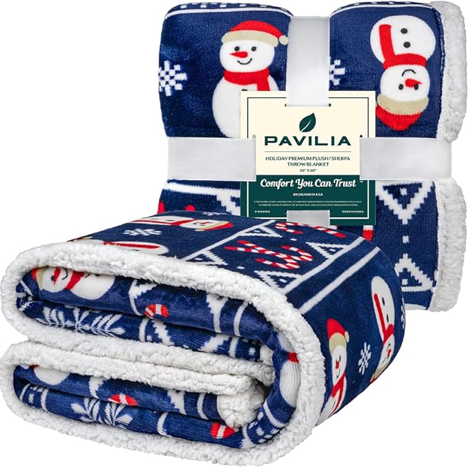PAVILIA Premium Christmas Sherpa Throw Blanket | Christmas Decoration Gift, Fleece, Plush, Warm, Cozy Reversible Microfiber Holiday Blanket | Blue Christmas - 50x60