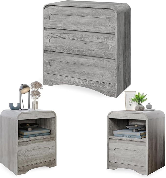 3 Piece Bedroom Set, Dresser and Nightstand Sets for Bedroom, Wood 3 Drawer Dresser & Night Stand Set of 2, Wide Chest of Drawers Modern Storage Cabinet Bedroom Furniture Set, Grey