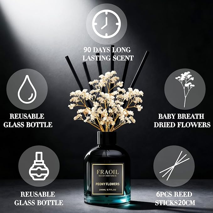 Peony Flowers Reed Diffuser, Reed Diffuser Set 6.7 fl oz (200 ml) with 6 Reed Sticks, Home Fragrance Reed Diffuser for Bathroom Shelf House Bedroom Office Decor