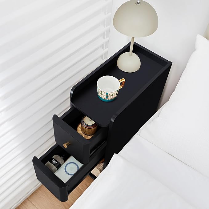 Narrow End Table Bedroom, Wooden Small 2 Drawer Nightstand, Thin Couch Side End Table, Skinny Bedside Table Small Spaces, Mid Century Modern Night Stand with Drawers (Black-1 pc)