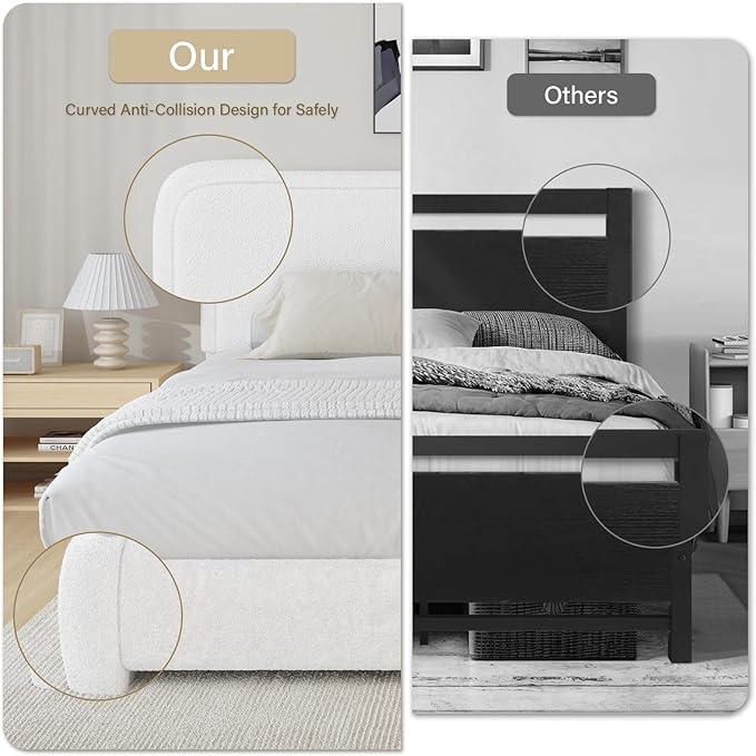 BarnFurin Boucle Upholstered California King Bed Frame/Soft Rounded Corners Headboard/Low Profile Bed Frame/No Box Spring Needed/White