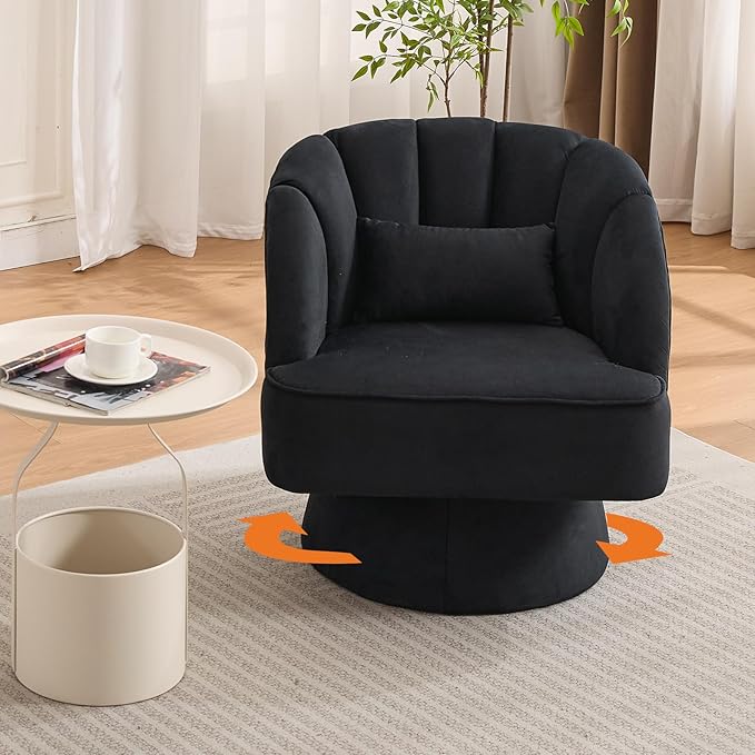 GarveeHome Modern Swivel Barrel Accent Chair, 360° Teddy Fabric Upholstered Armchair with Striped Backrest & Plush Padding, Comfy Round Lounge Chair for Living Room, Bedroom, Reading Nook, Black 2 PCS